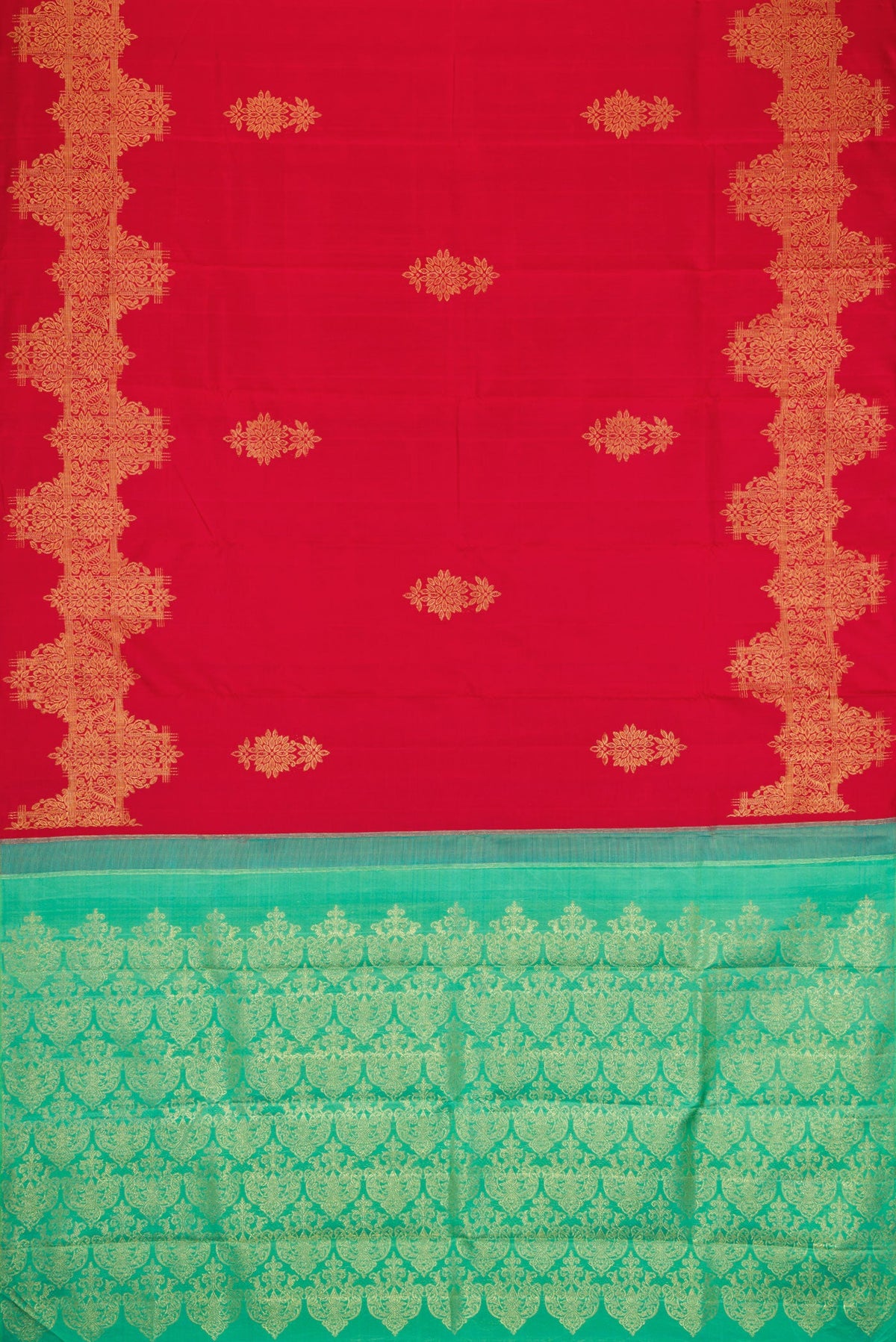 Flat view of Red Dual Tone Kanjivaram Silk Saree with Zari Butta on the body and Fancy Border. 