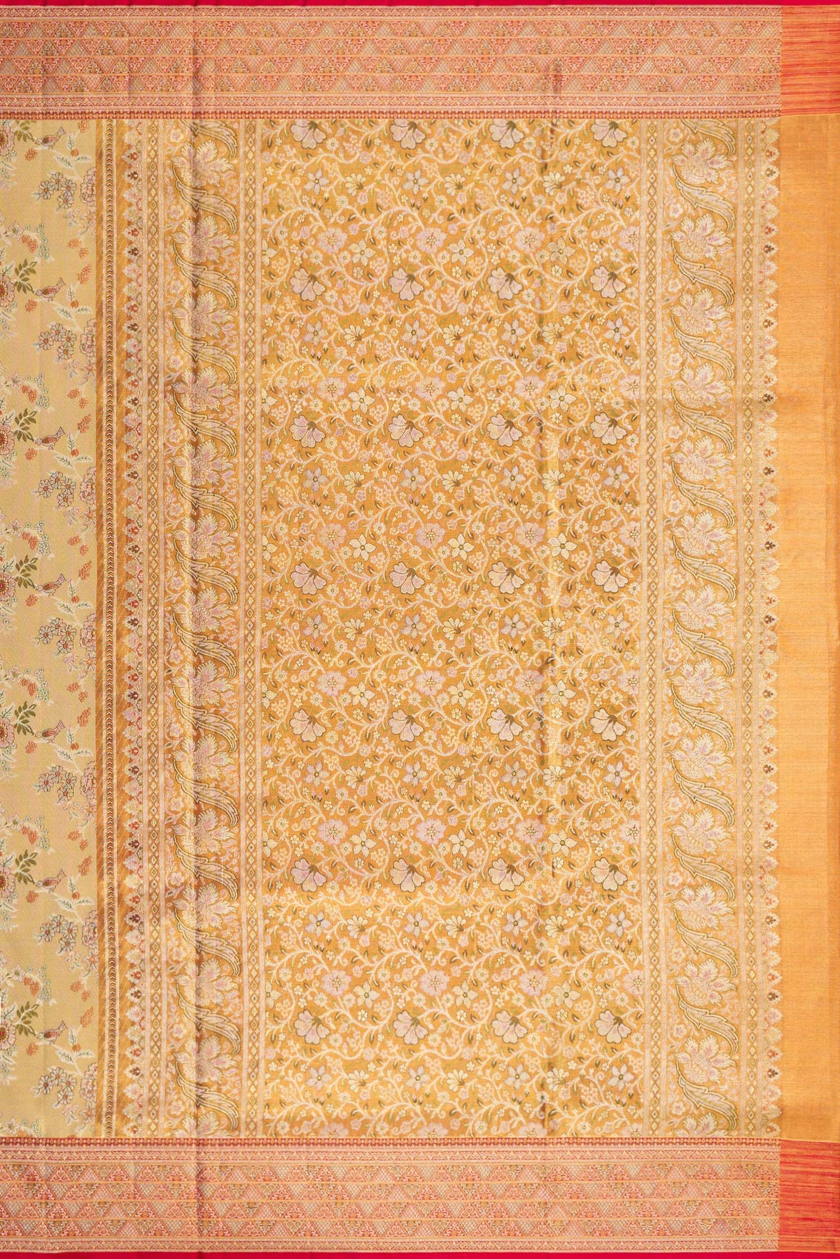 Close up image of the pallu of Gold Dual Tone Kanchipuram Tissue Silk Saree with Zari Brocade on the body and Zari Border. 