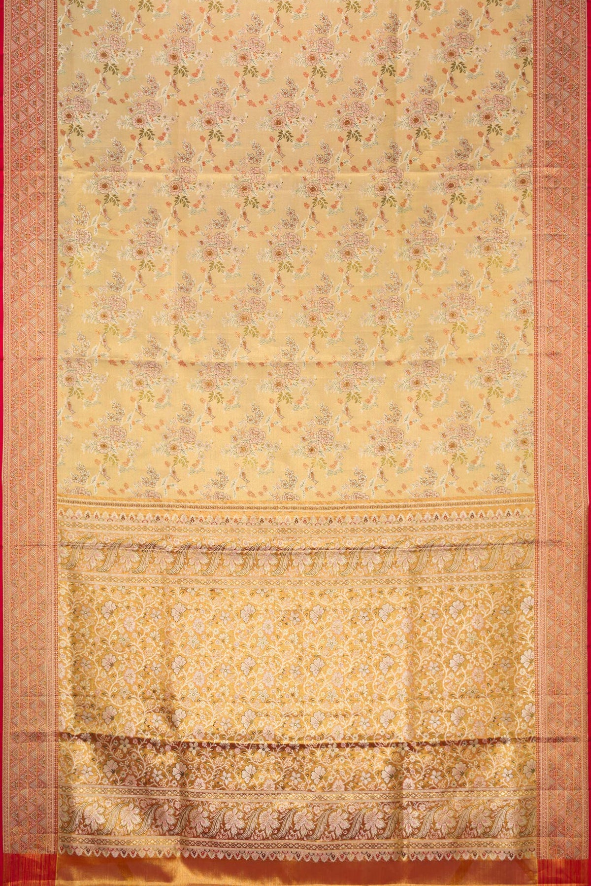 Flat view of Gold Dual Tone Kanchipuram Tissue Silk Saree with Zari Brocade on the body and Zari Border. 