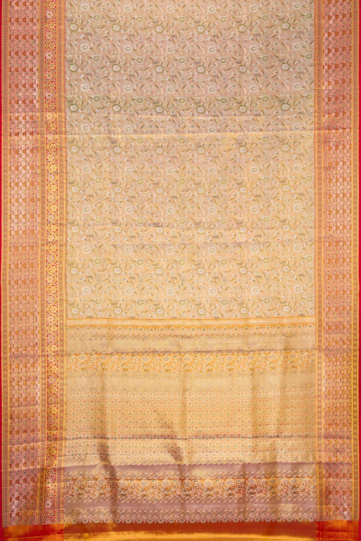 Flat view of Gold Dual Tone Kanchipuram Tissue Silk Saree with Zari Brocade on the body and Fancy Border. 