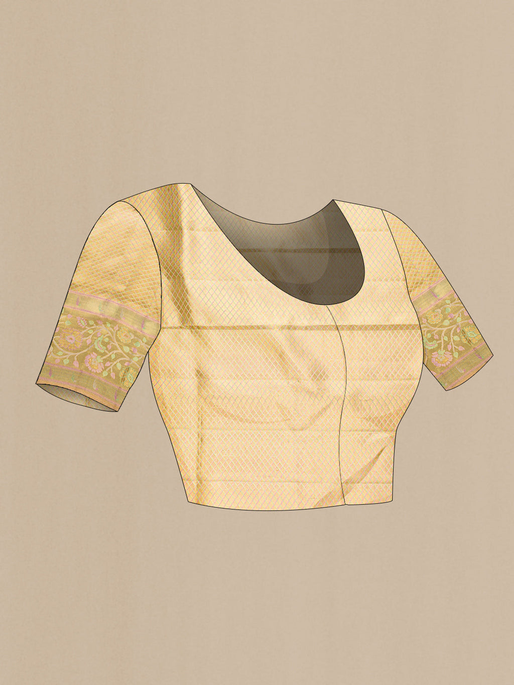Close up image of the blouse of Gold Dual Tone Kanjivaram Tissue Silk Saree with Zari Brocade on the body and Fancy Border. 