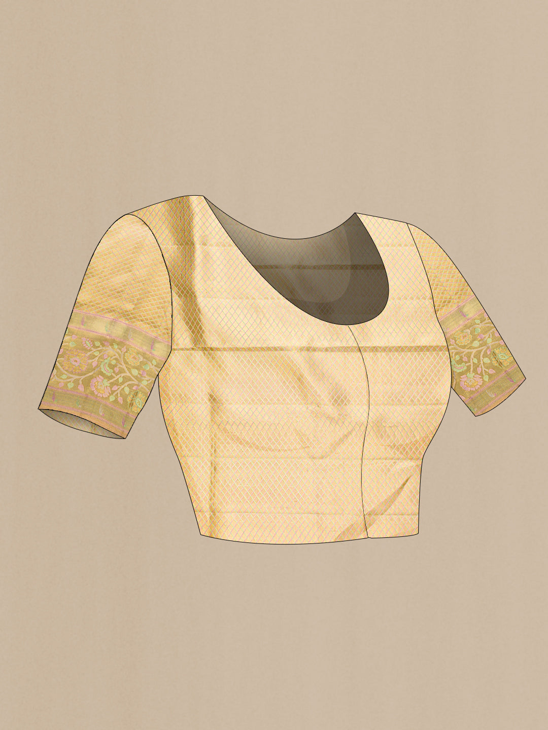 Close up image of the blouse of Gold Dual Tone Kanjivaram Tissue Silk Saree with Zari Brocade on the body and Fancy Border. 