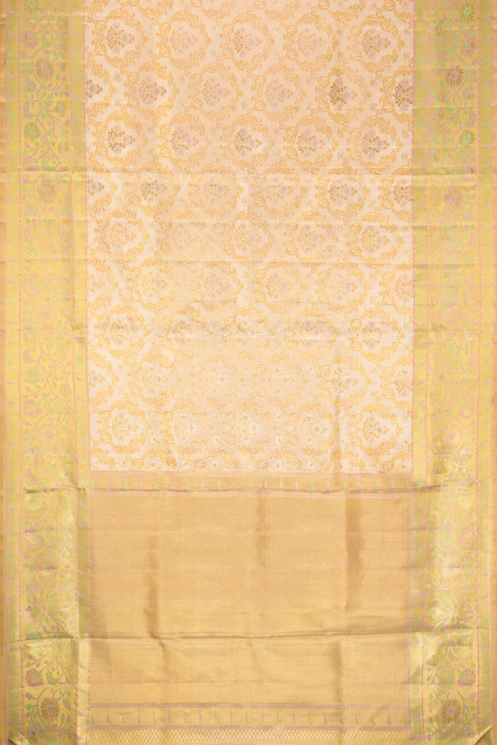 Flat view of Gold Dual Tone Kanjivaram Tissue Silk Saree with Zari Brocade on the body and Fancy Border. 