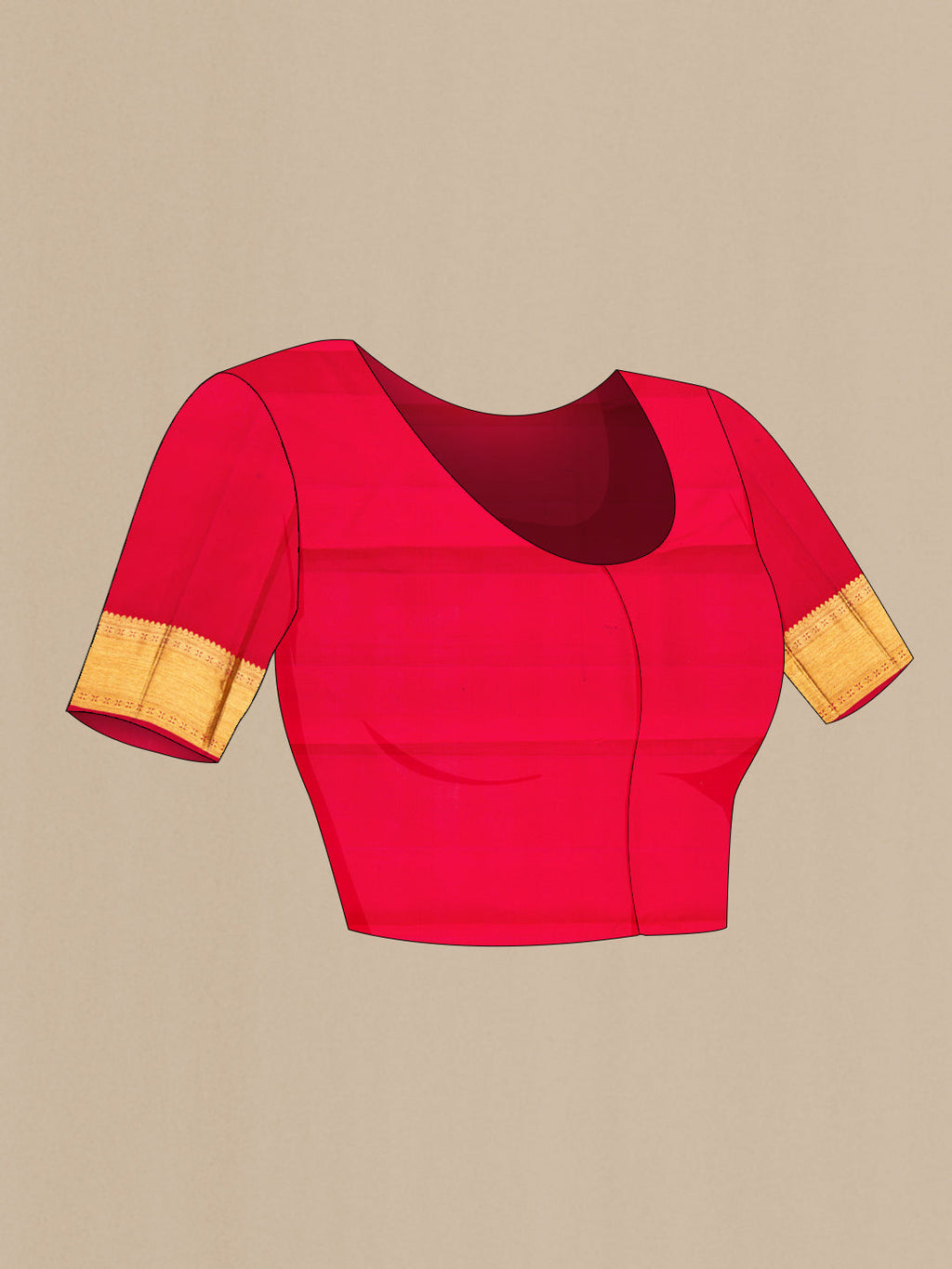 Close up image of the blouse of Red Dual Tone Kanchipuram Silk Saree with Zari Brocade on the body and Zari Border. 