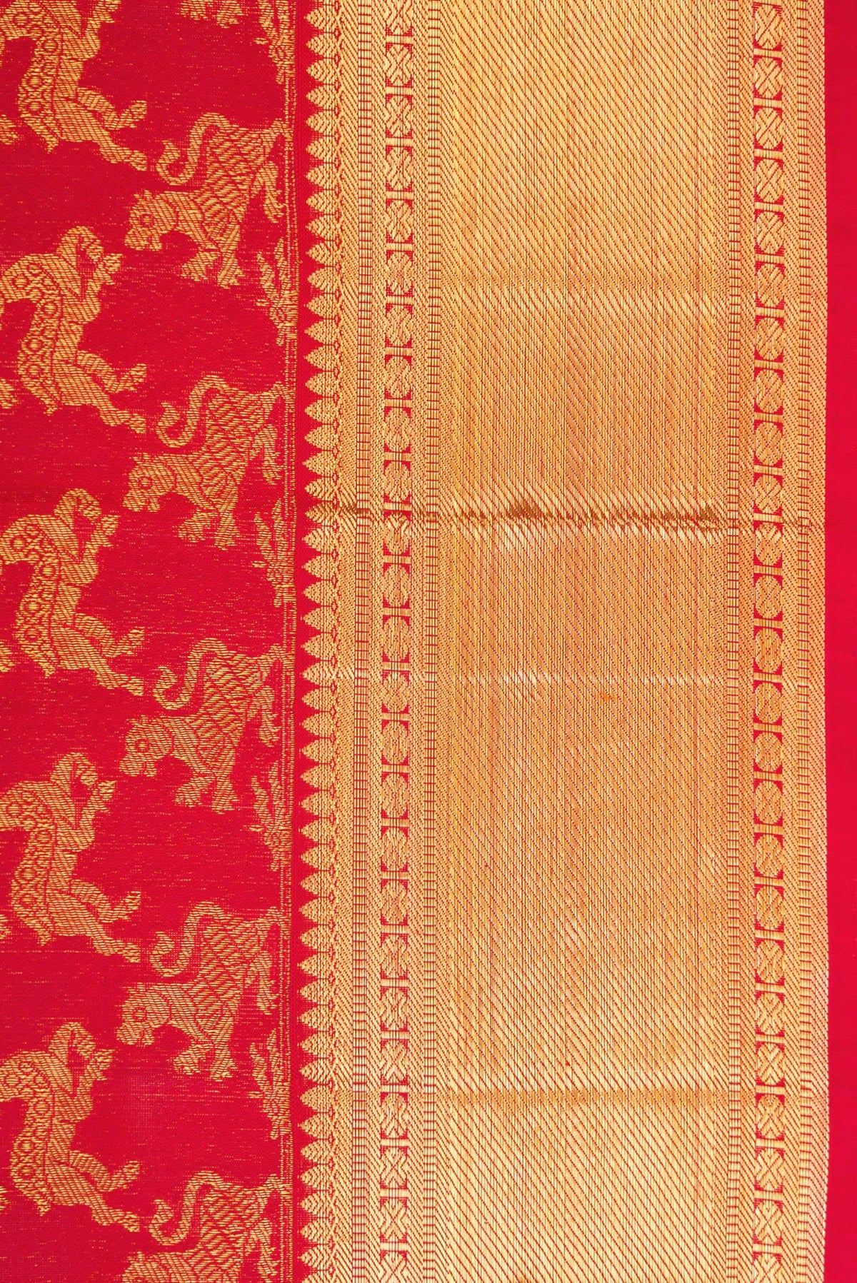 Border image of Red Dual Tone Kanchipuram Silk Saree with Zari Brocade on the body and Zari Border. 