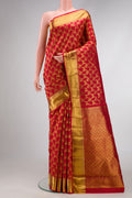 Red Dual Tone Kanchipuram Silk Saree with Zari Brocade on the body and Zari Border.  displayed on a mannequin