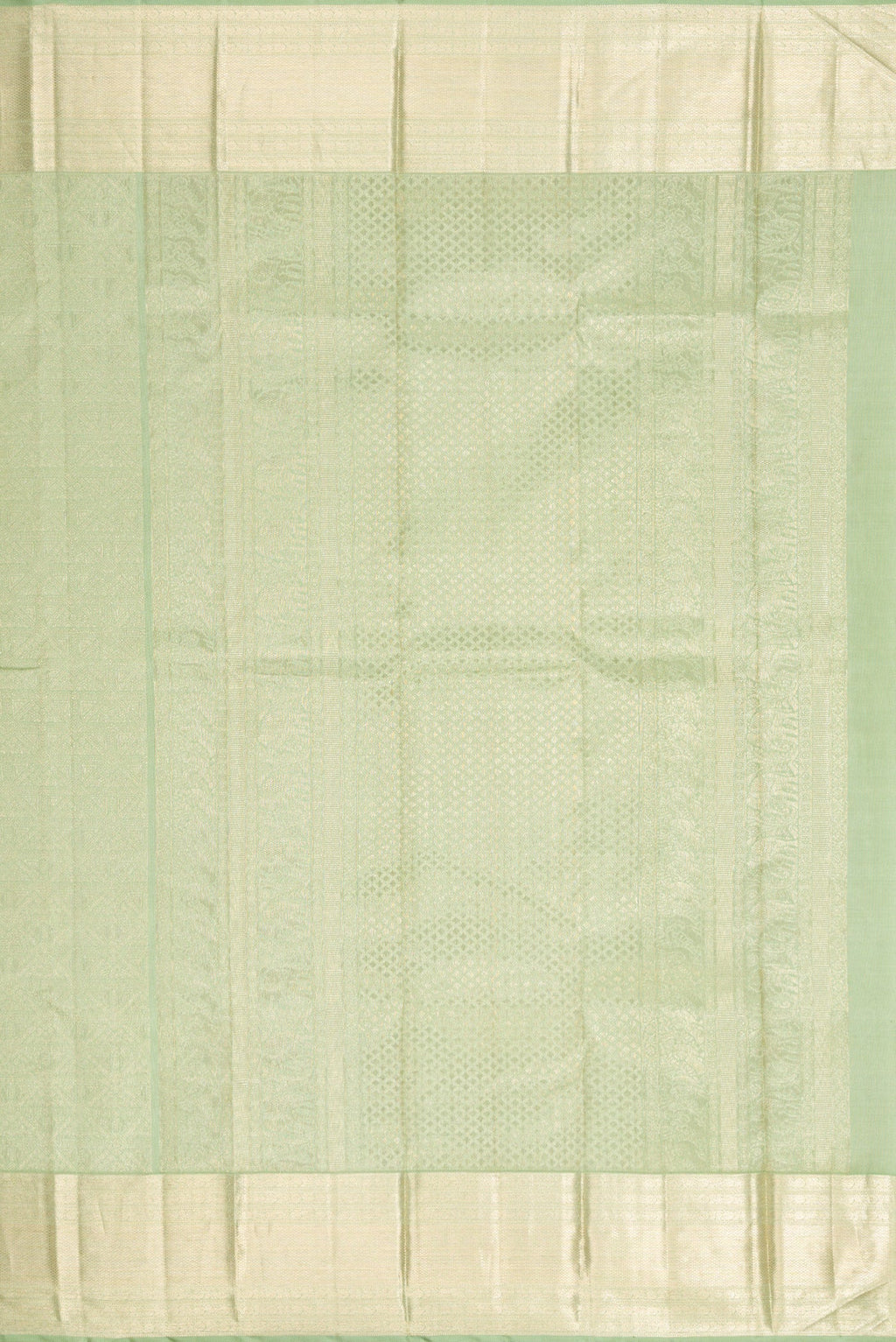 Close up image of the pallu of Light Green Dual Tone Kanchipuram Silk Saree with Zari Brocade on the body and Zari Border. 