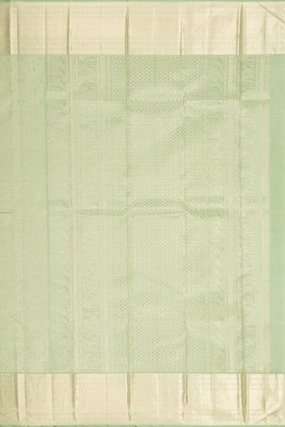 Close up image of the pallu of Light Green Dual Tone Kanchipuram Silk Saree with Zari Brocade on the body and Zari Border. 