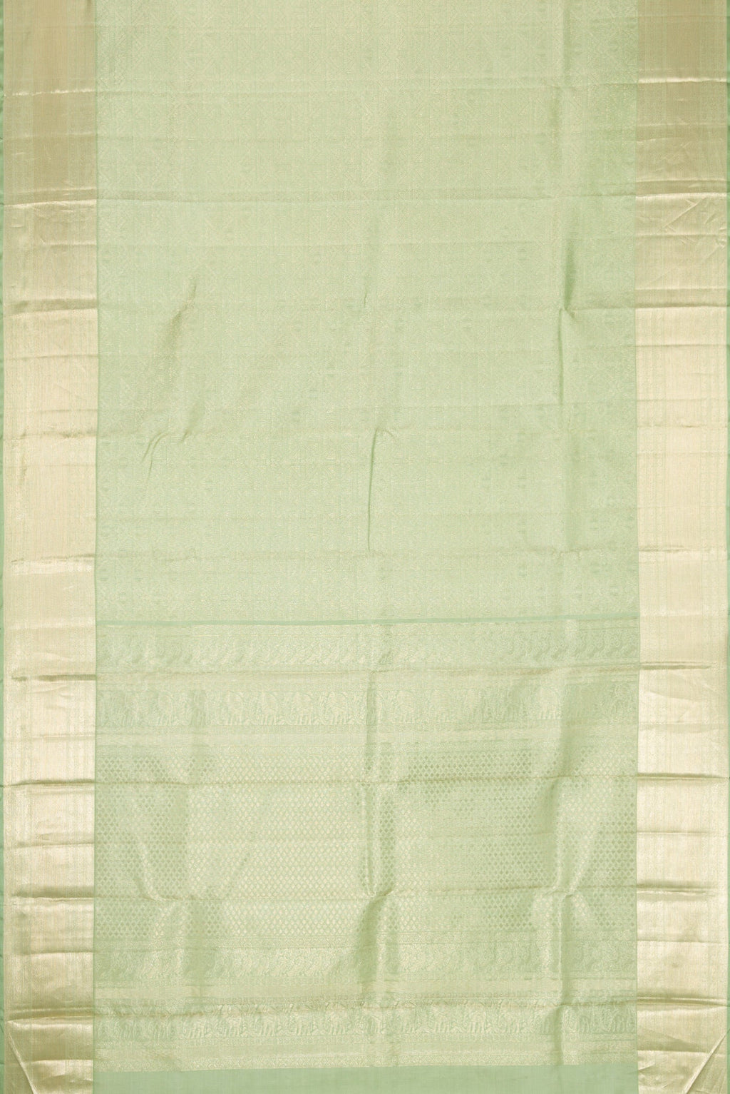 Flat view of Light Green Dual Tone Kanchipuram Silk Saree with Zari Brocade on the body and Zari Border. 