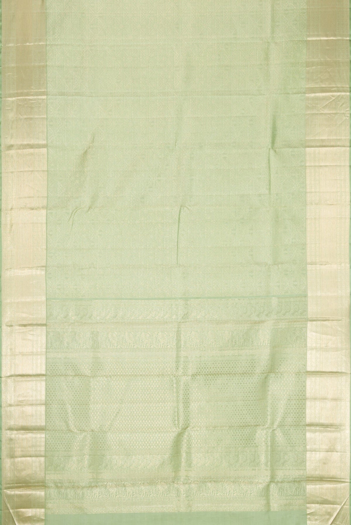 Flat view of Light Green Dual Tone Kanchipuram Silk Saree with Zari Brocade on the body and Zari Border. 