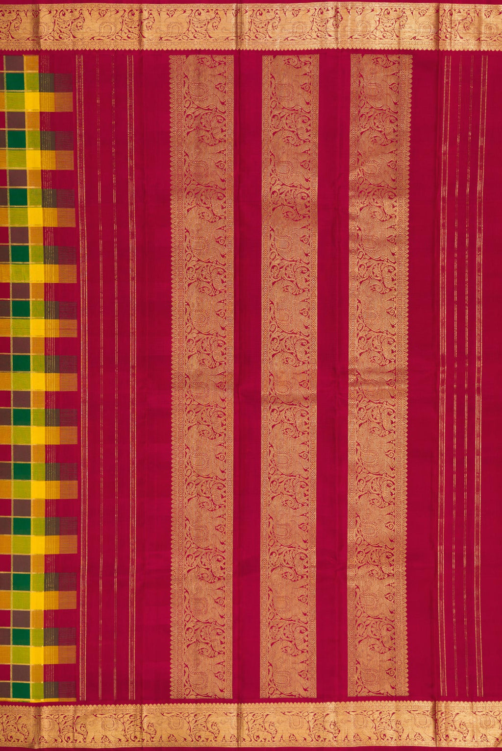 Close up image of the pallu of Pure Silk Pure Zari Maroon, Green and Yellow Color Kanchipuram Saree with Checked design on the body and Zari Border. 