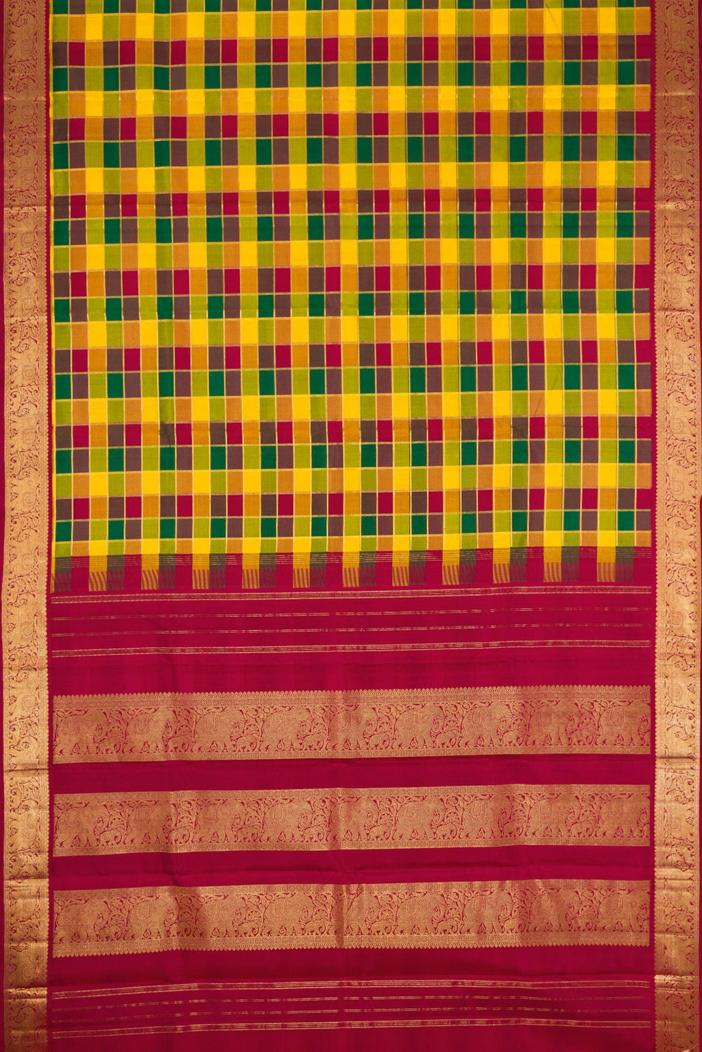Flat view of Pure Silk Pure Zari Maroon, Green and Yellow Color Kanchipuram Saree with Checked design on the body and Zari Border. 