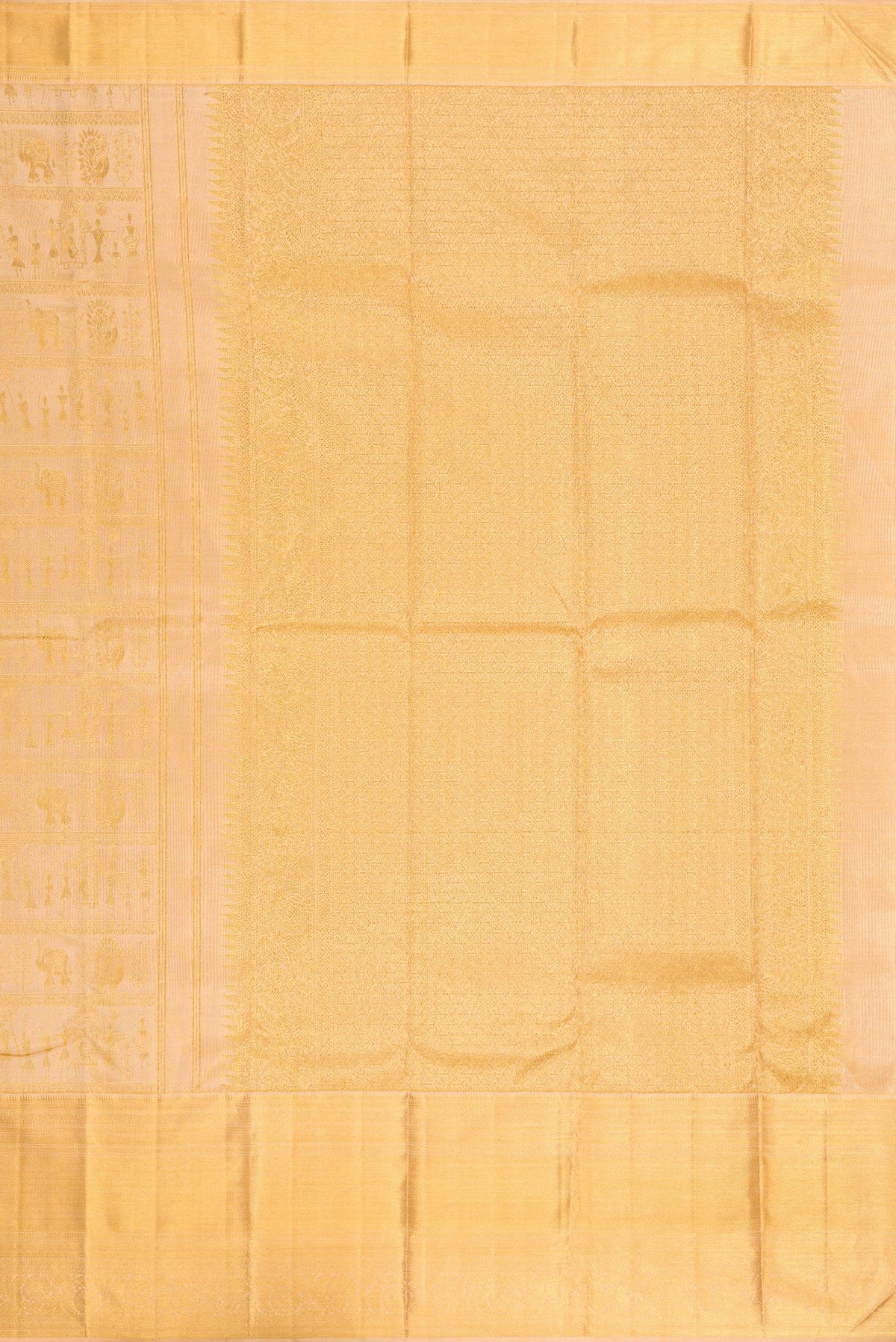 Close up image of the pallu of Rose Gold Dual Tone Kanchipuram Silk Saree with Zari Brocade on the body and Fancy Border. 
