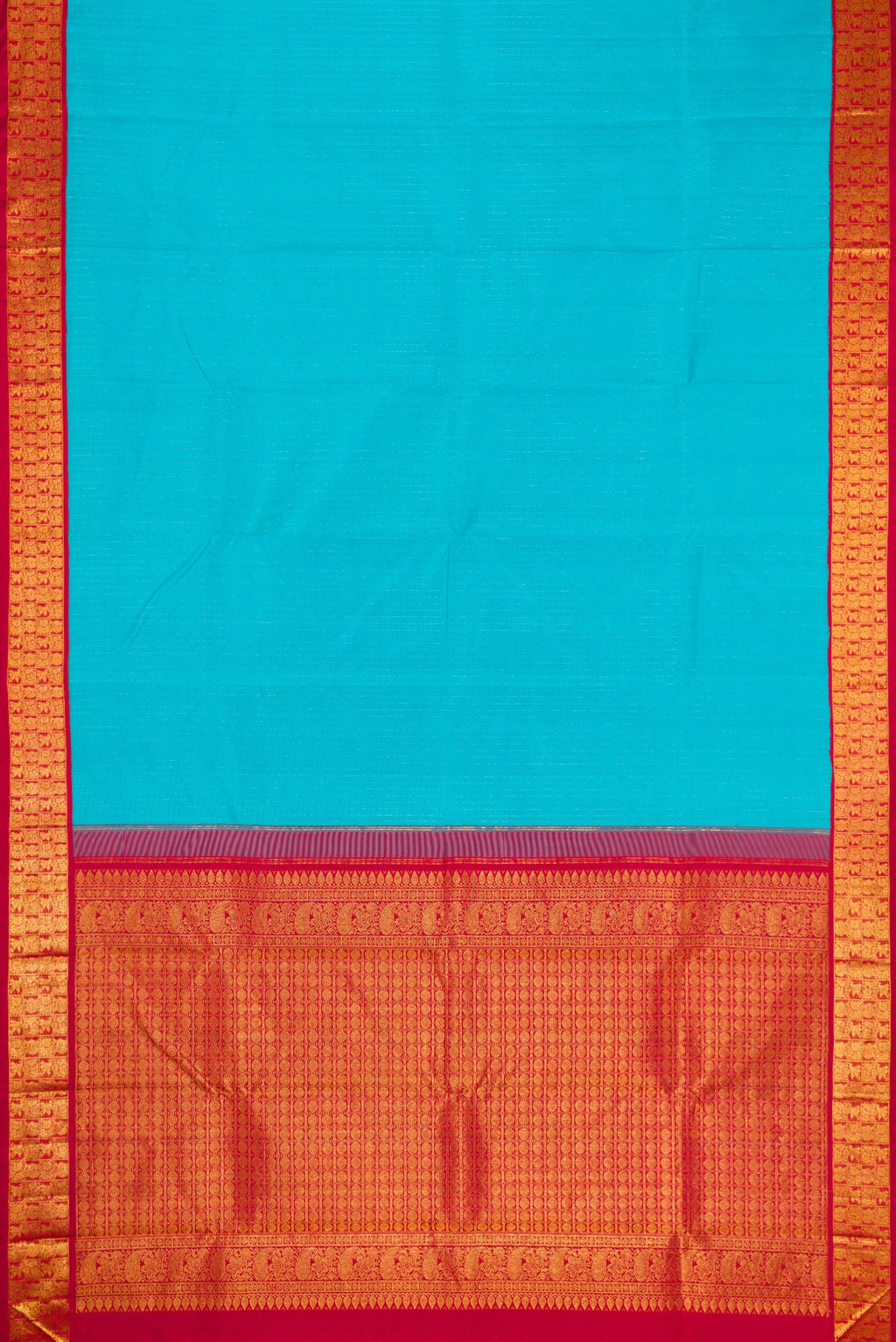 Flat view of Sky Blue Dual Tone Kanjivaram Silk Saree with Stripes on the body and Zari Border. 