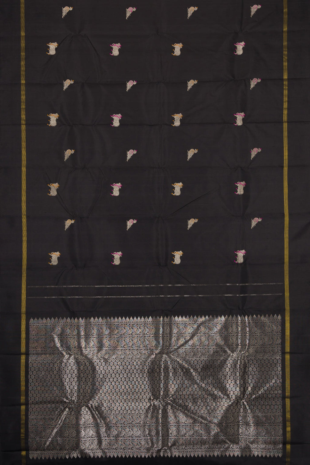 Flat view of Black Dual Tone Kanjivaram Silk Saree with Zari And Thread Butta on the body and Zari Border. 