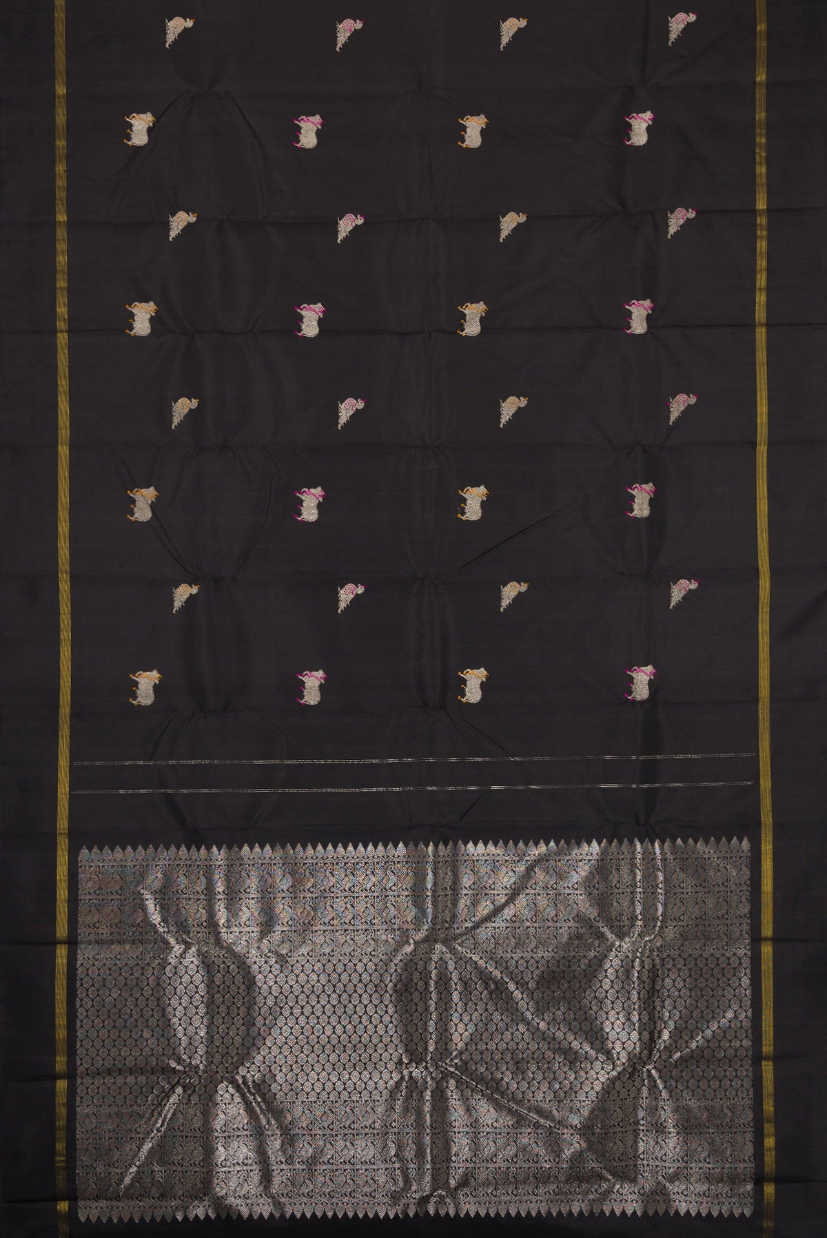 Flat view of Black Dual Tone Kanjivaram Silk Saree with Zari And Thread Butta on the body and Zari Border. 