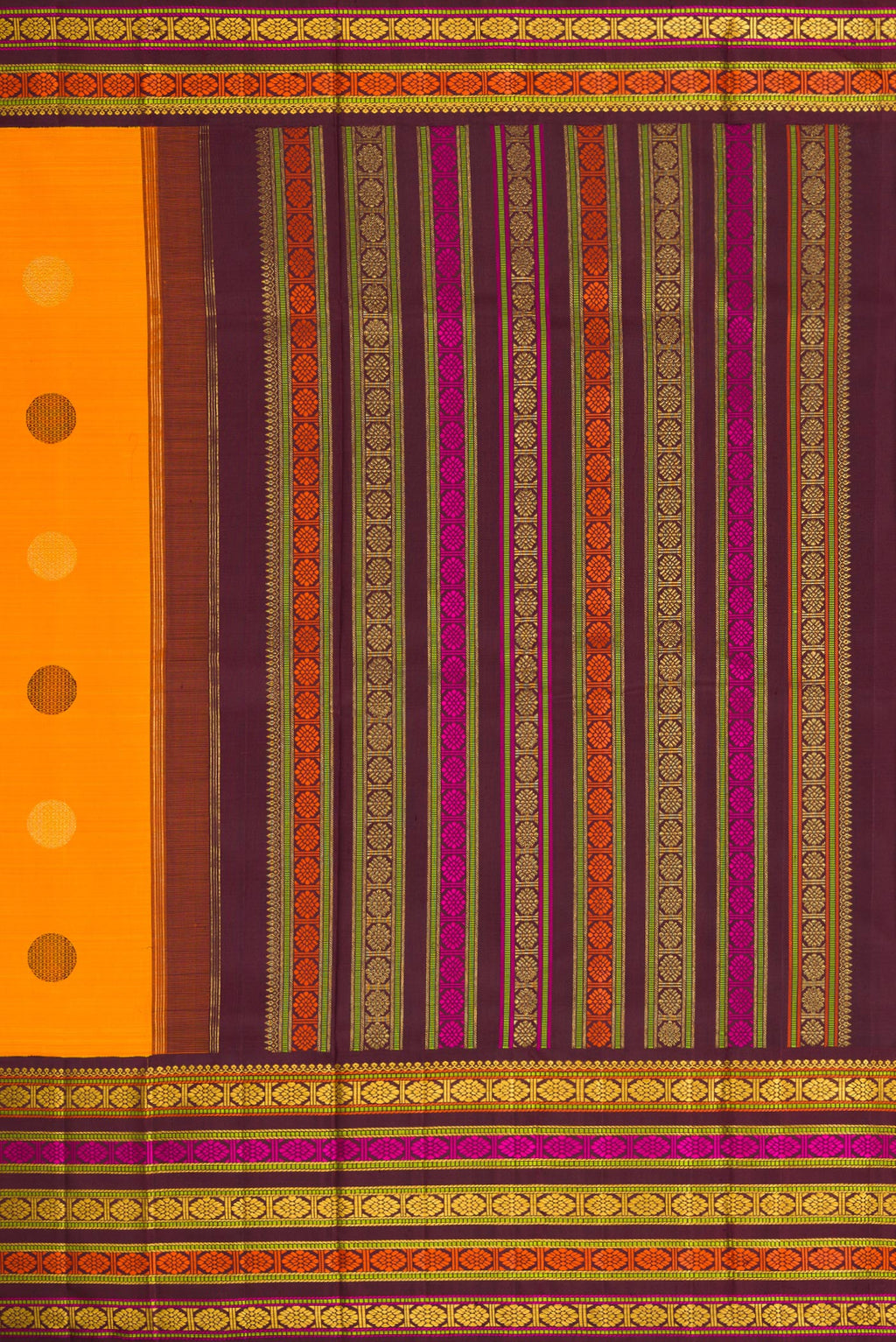 Close up image of the pallu of Pure Silk Pure Zari Mustard Dual Tone Kanchipuram Saree with Zari And Thread Butta on the body and Zari And Thread Border. 