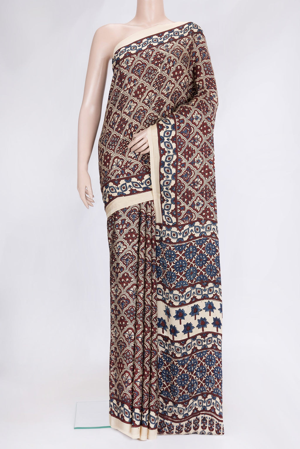Beige Dual Tone Blended Satin Crepe Saree with Printed design on the body and Printed Border.  displayed on a mannequin