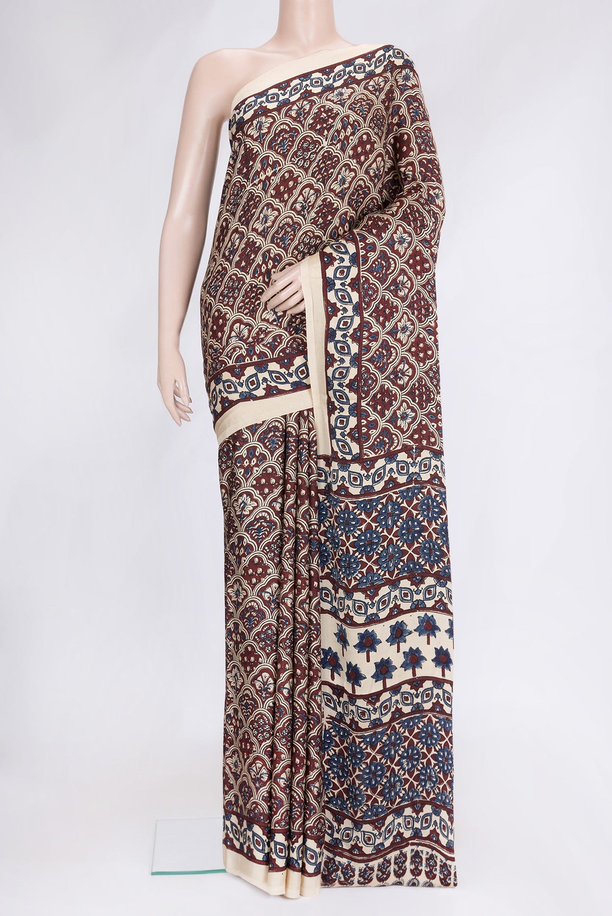Beige Dual Tone Blended Satin Crepe Saree with Printed design on the body and Printed Border.  displayed on a mannequin