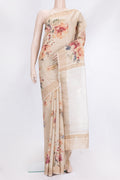 Beige Dual Tone Tussar Silk Saree with Printed design on the body and Zari Border.  displayed on a mannequin