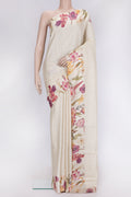 Off White Dual Tone Tussar Silk Saree with Stripes on the body and Printed Border.  displayed on a mannequin