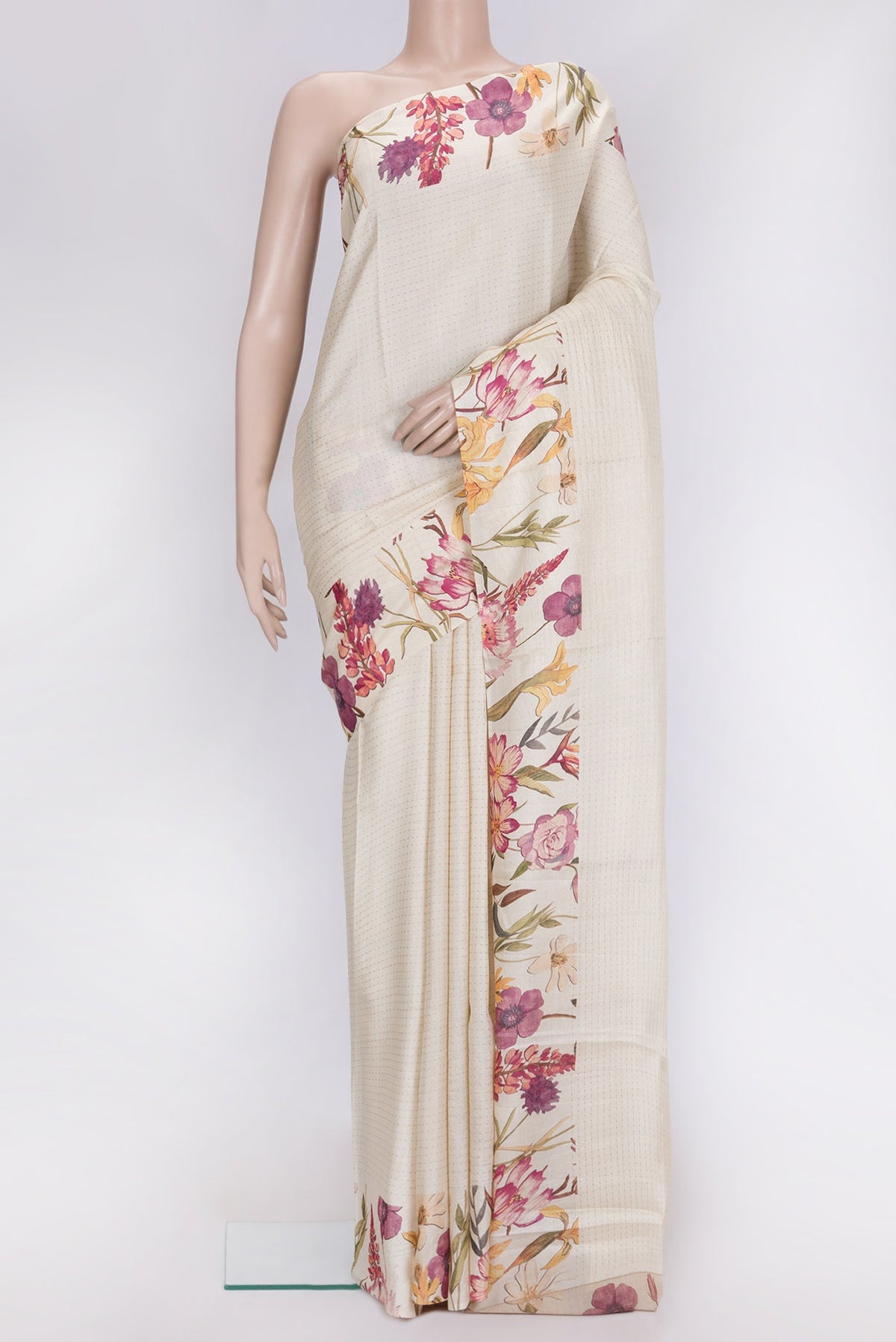 Off White Dual Tone Tussar Silk Saree with Stripes on the body and Printed Border.  displayed on a mannequin