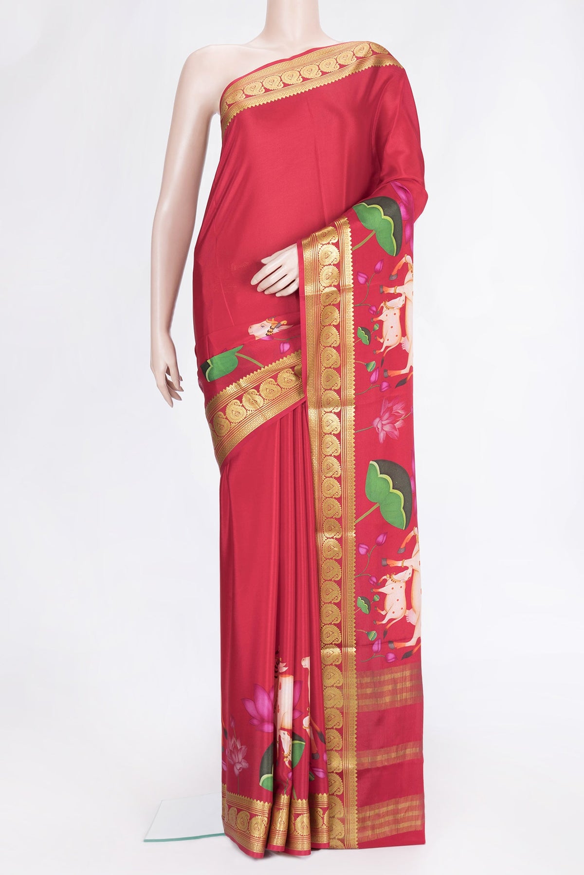 Dark Pink Dual Tone Mysore Silk Saree with Plain Body and Fancy Border.  displayed on a mannequin