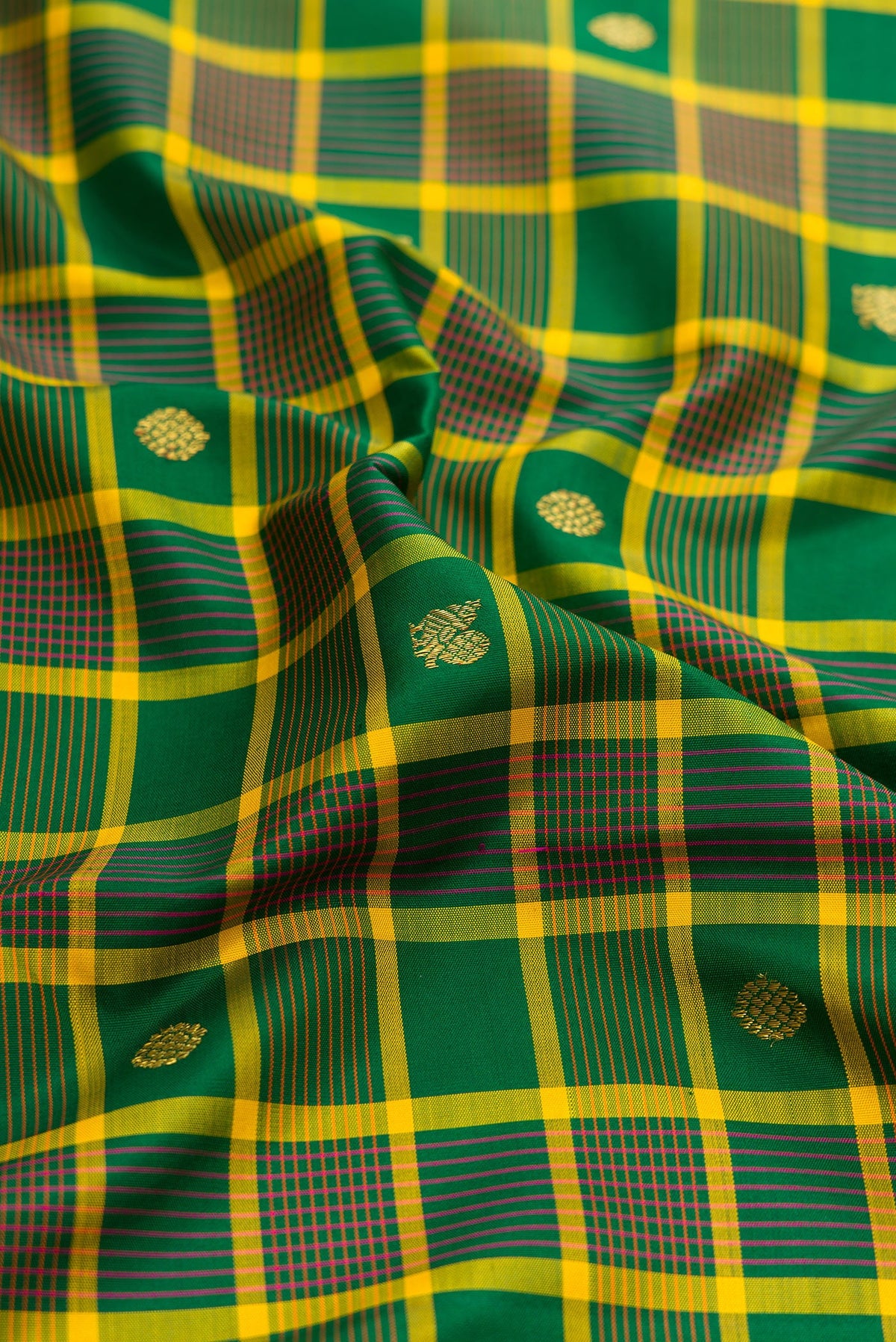 Close up of Green Kanjivaram Silk Saree with Checked design on the body and Zari Border.  displaying folds