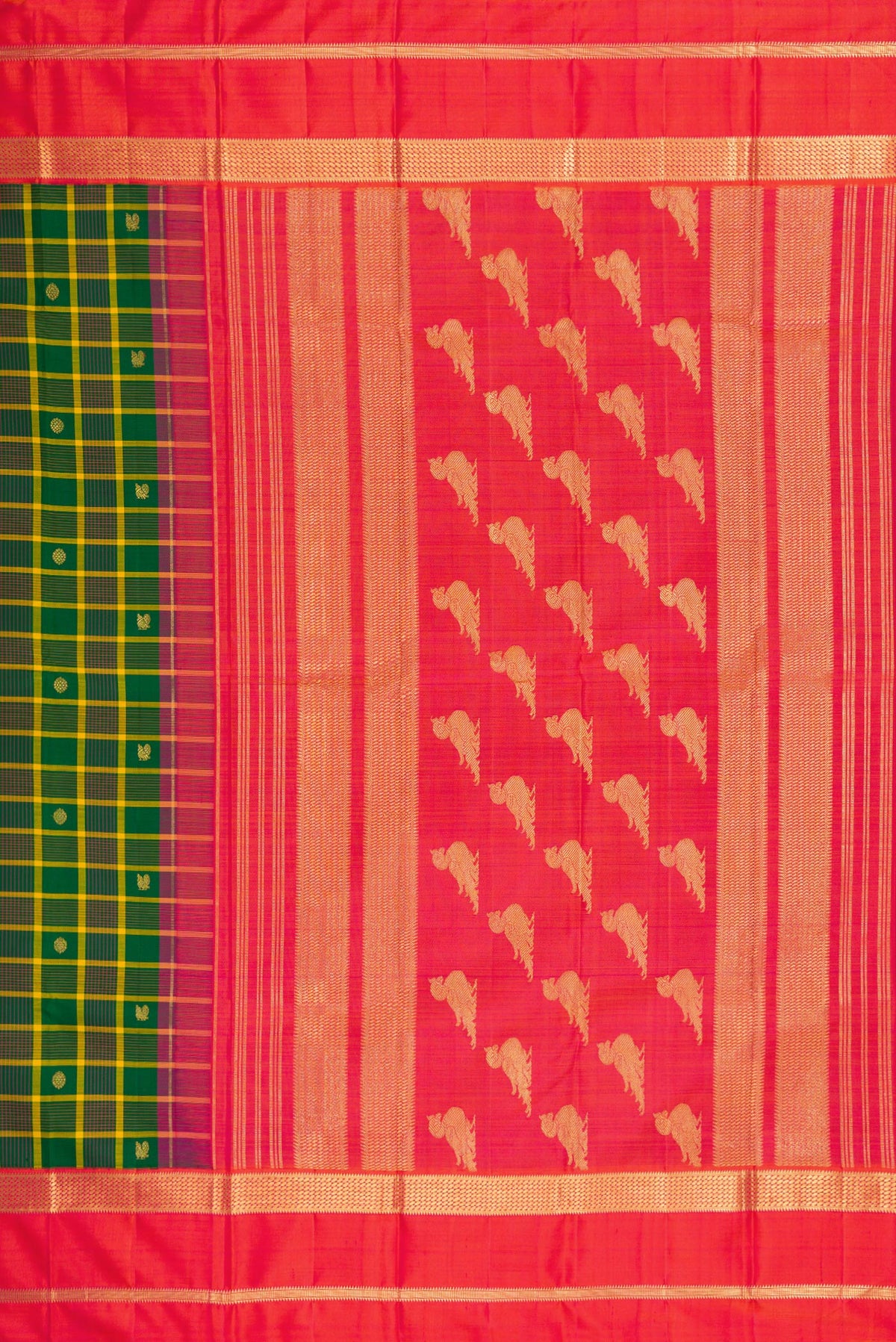Close up image of the pallu of Green Kanjivaram Silk Saree with Checked design on the body and Zari Border. 