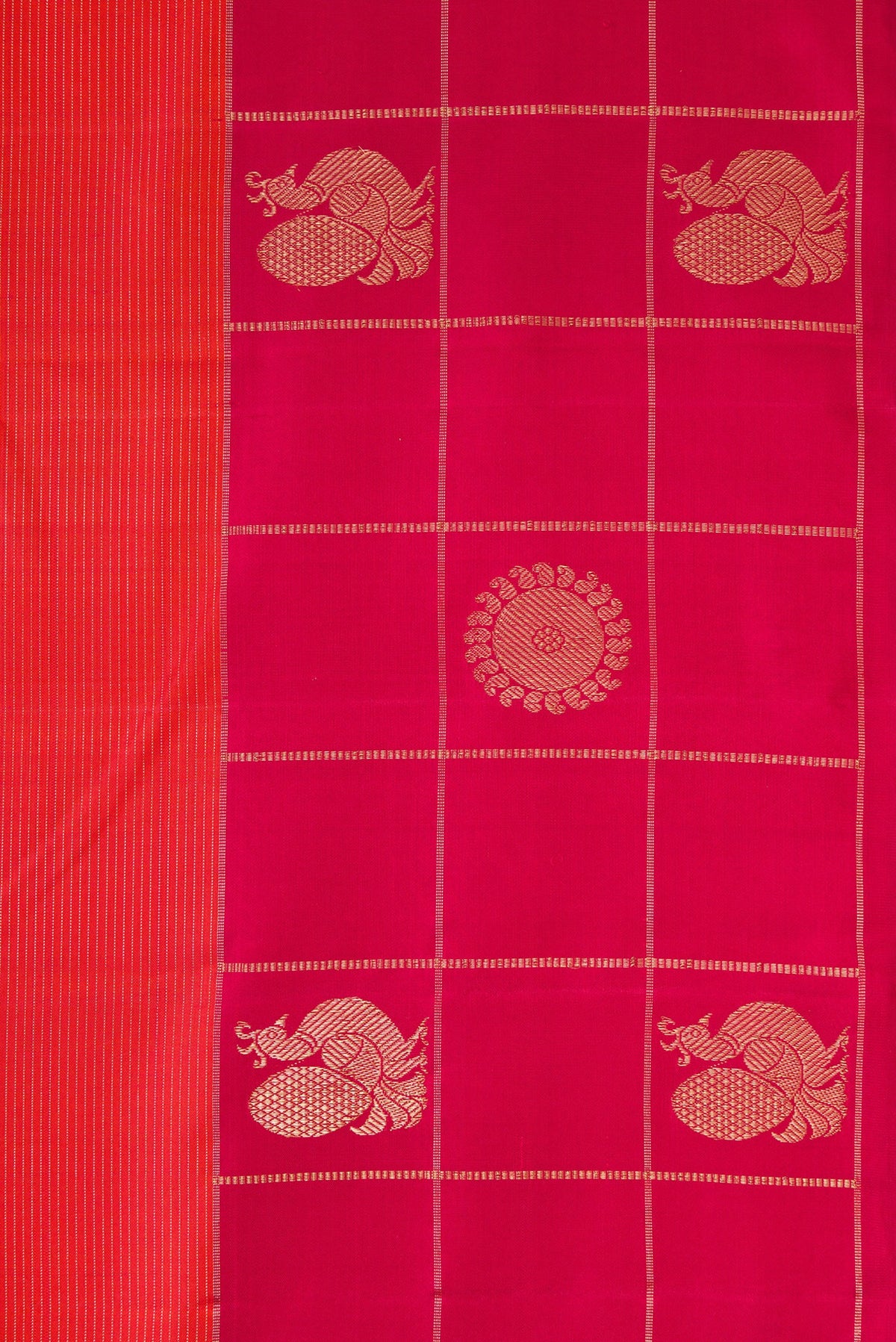 Border image of Brick Orange Dual Tone Kanjivaram Silk Saree with Stripes on the body and Checks Border. 