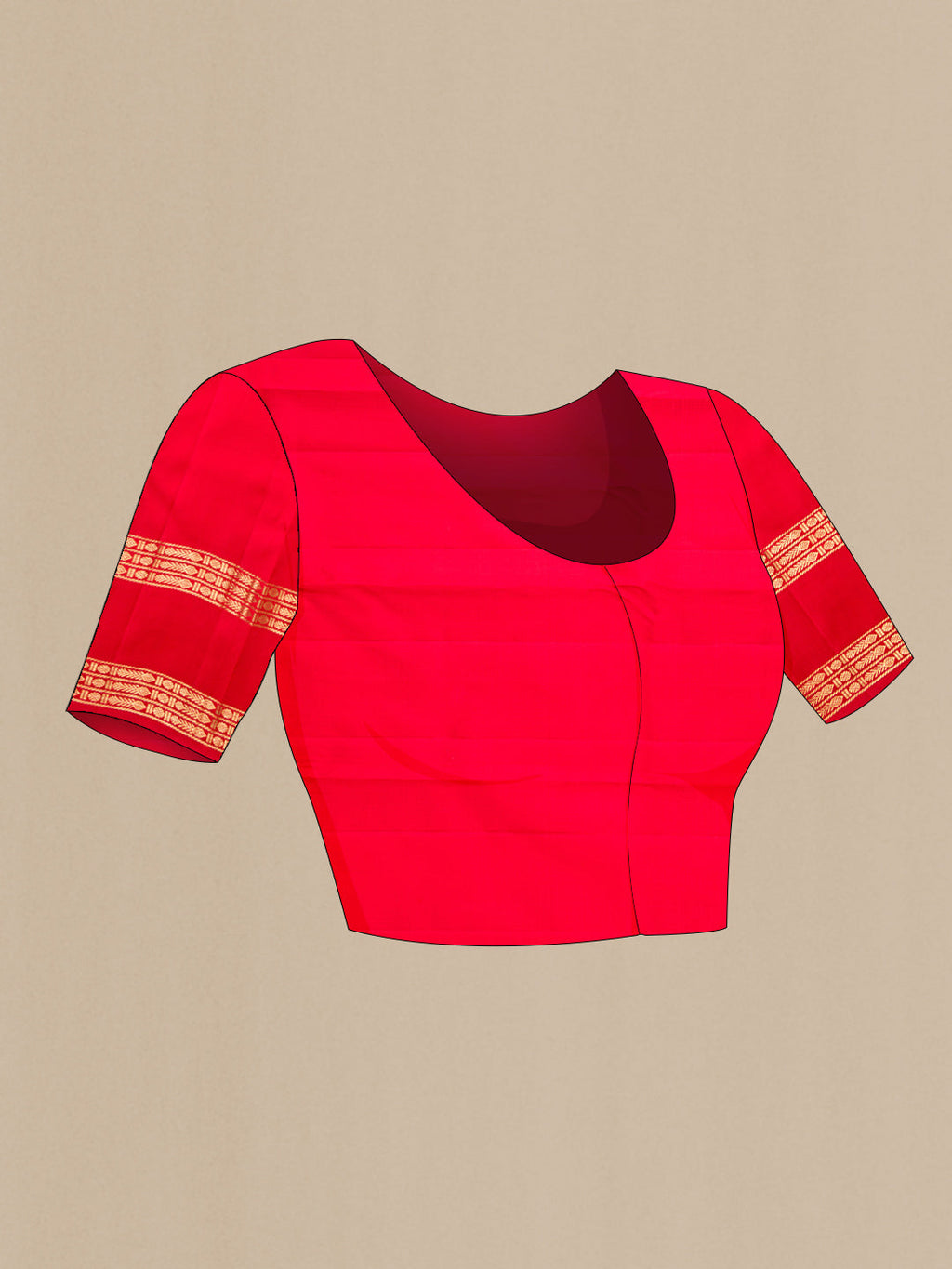 Close up image of the blouse of Pure Silk Pure Zari Red Dual Tone Kanjivaram Saree with Zari Butta on the body and Zari Border. 