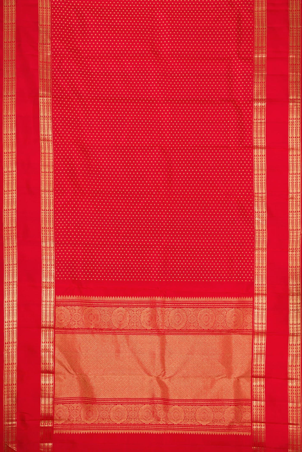 Flat view of Pure Silk Pure Zari Red Dual Tone Kanjivaram Saree with Zari Butta on the body and Zari Border. 