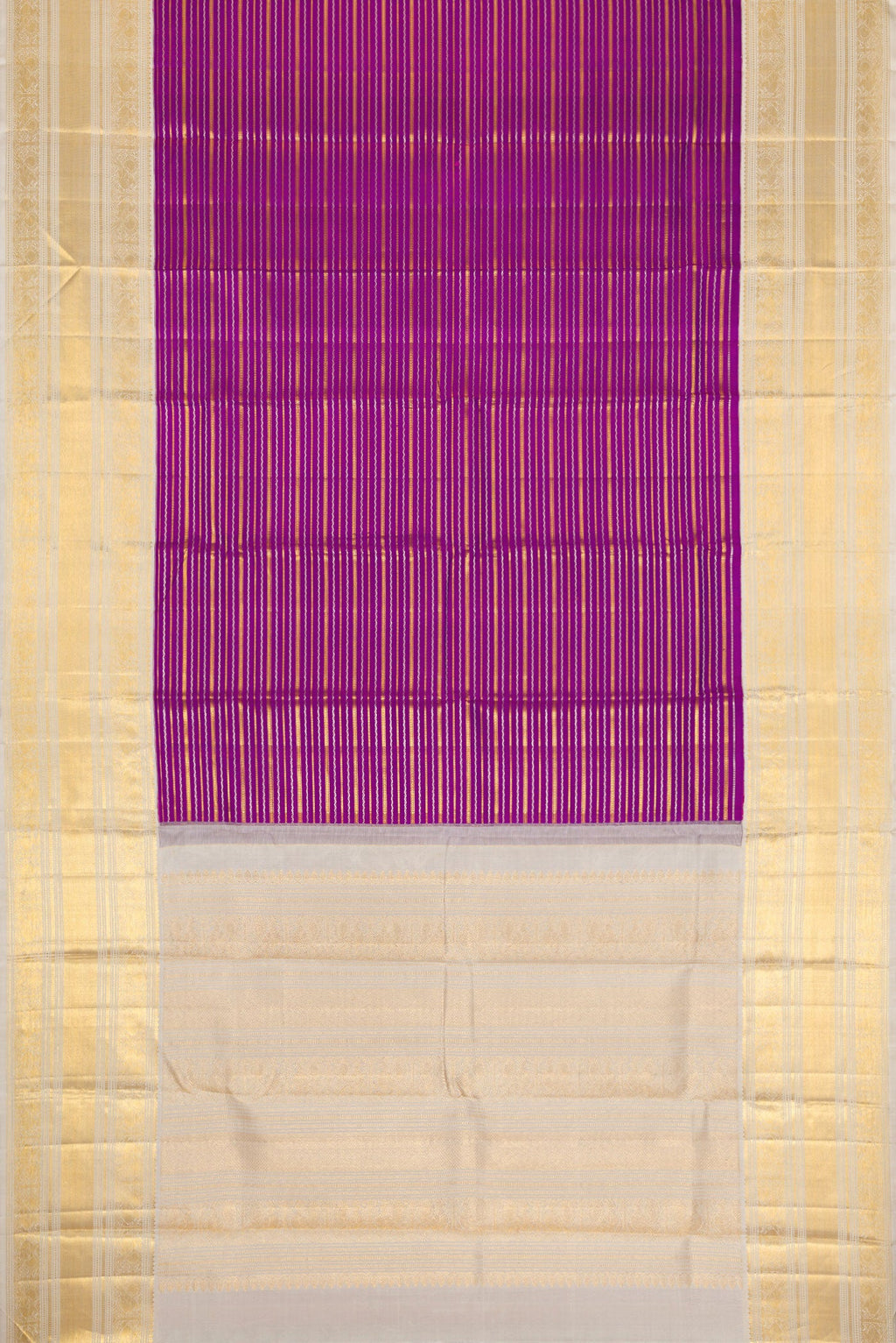 Flat view of Magenta Dual Tone Kanchipuram Silk Saree with Stripes on the body and Zari Border. 