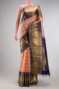 Pure Silk Pure Zari Peach Dual Tone Kanchipuram Saree with Checked design on the body and Zari Border.  displayed on a mannequin