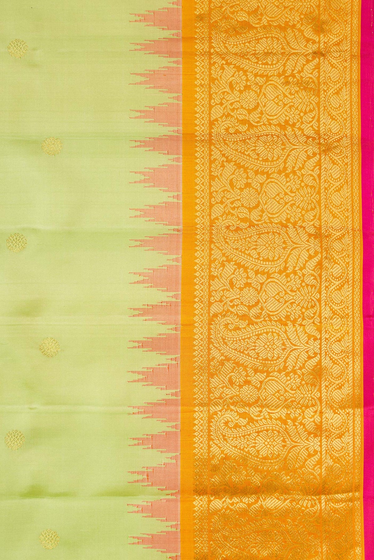 Border image of Pista Green Dual Tone Gadwal Silk Saree with Zari Butta on the body and Temple Border. 