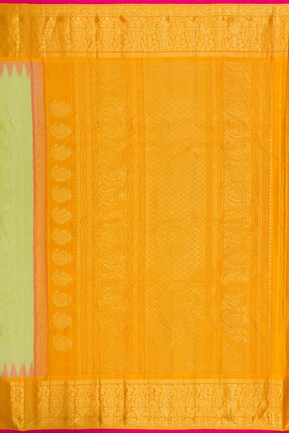 Close up image of the pallu of Pista Green Dual Tone Gadwal Silk Saree with Zari Butta on the body and Temple Border. 