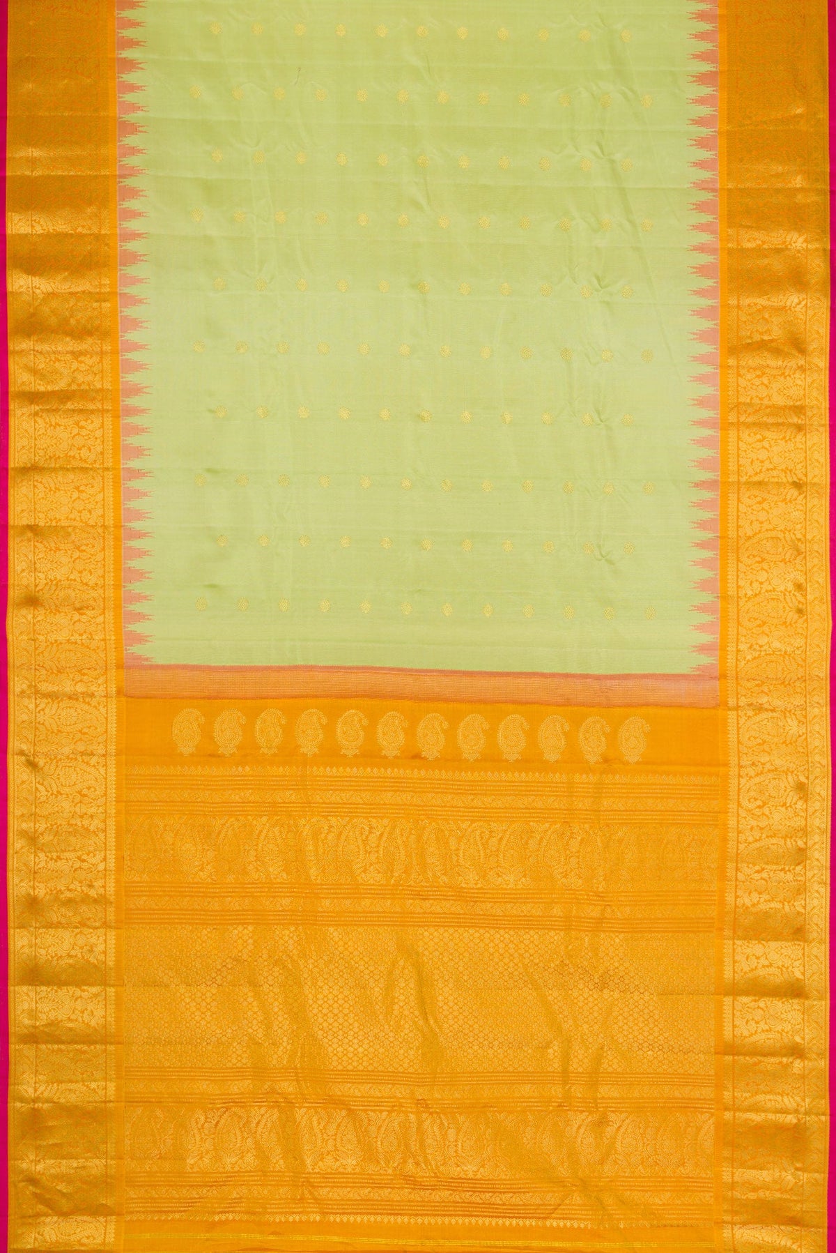 Flat view of Pista Green Dual Tone Gadwal Silk Saree with Zari Butta on the body and Temple Border. 