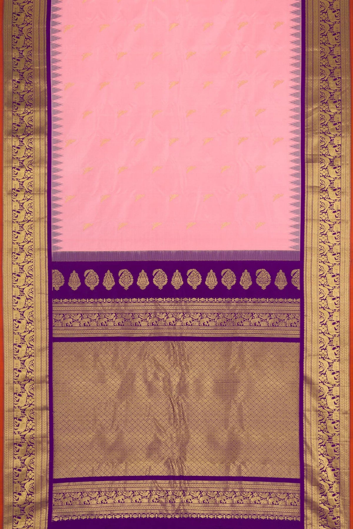 Flat view of Pink Dual Tone Gadwal Silk Saree with Zari Butta on the body and Zari Border. 
