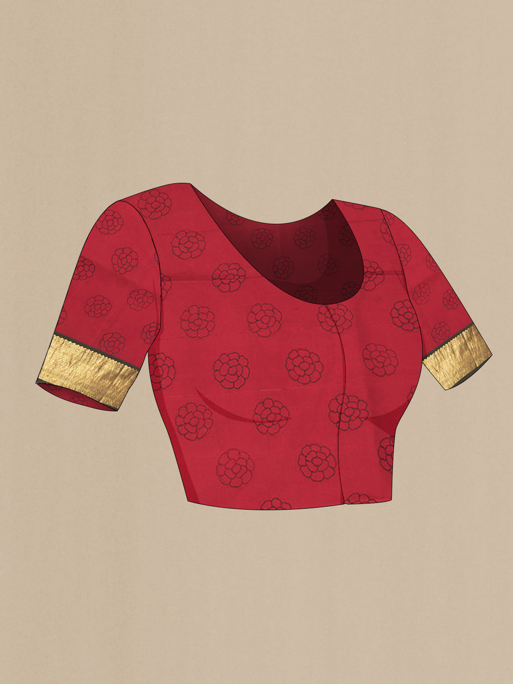 Close up image of the blouse of Beige Dual Tone Kanchipuram Silk Saree with kalamkari Print on the body and Zari Border. 