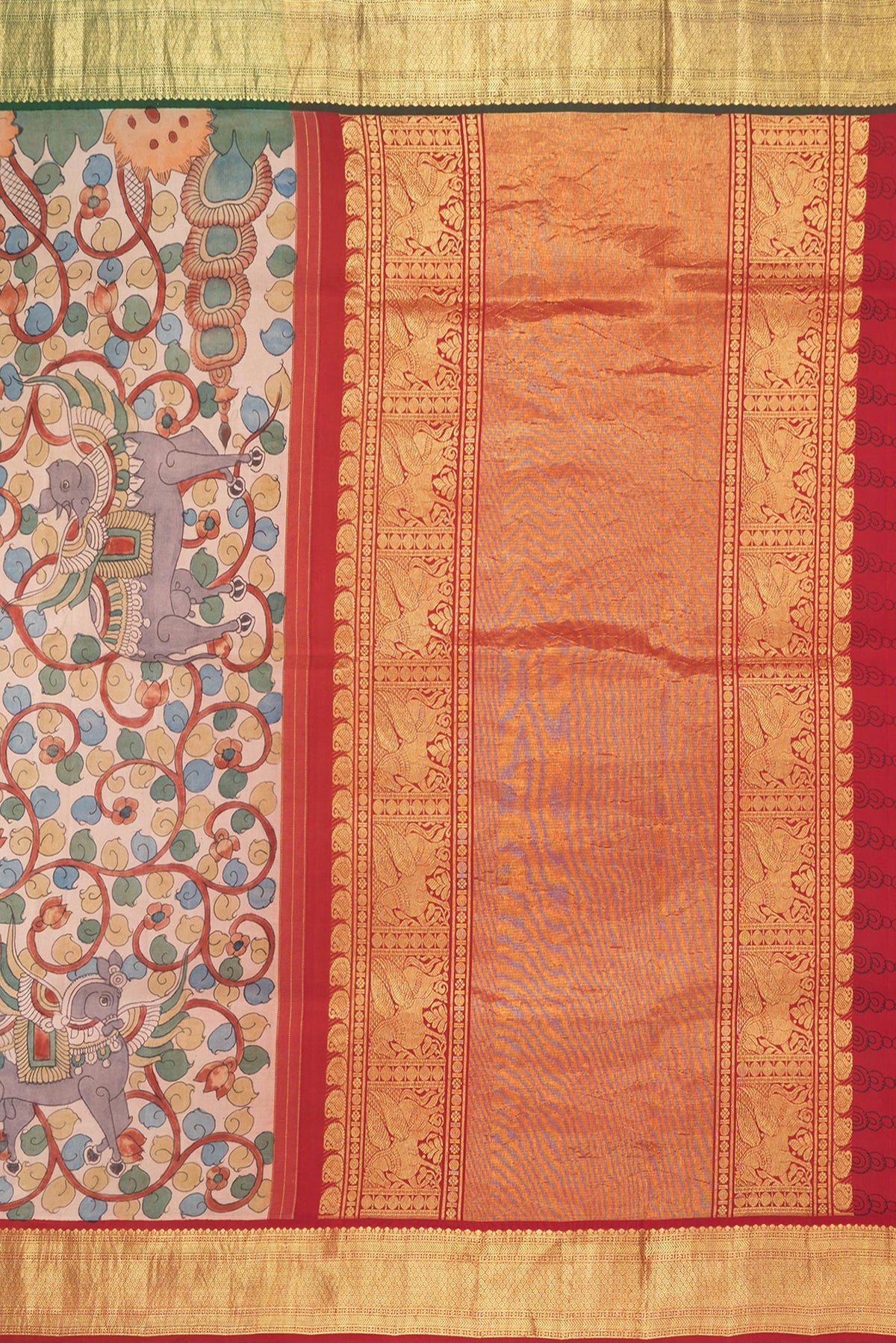 Close up image of the pallu of Beige Dual Tone Kanchipuram Silk Saree with kalamkari Print on the body and Zari Border. 