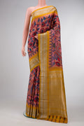 Rose Gold Dual Tone Kanchipuram Silk Saree with kalamkari Print on the body and Zari Border.  displayed on a mannequin