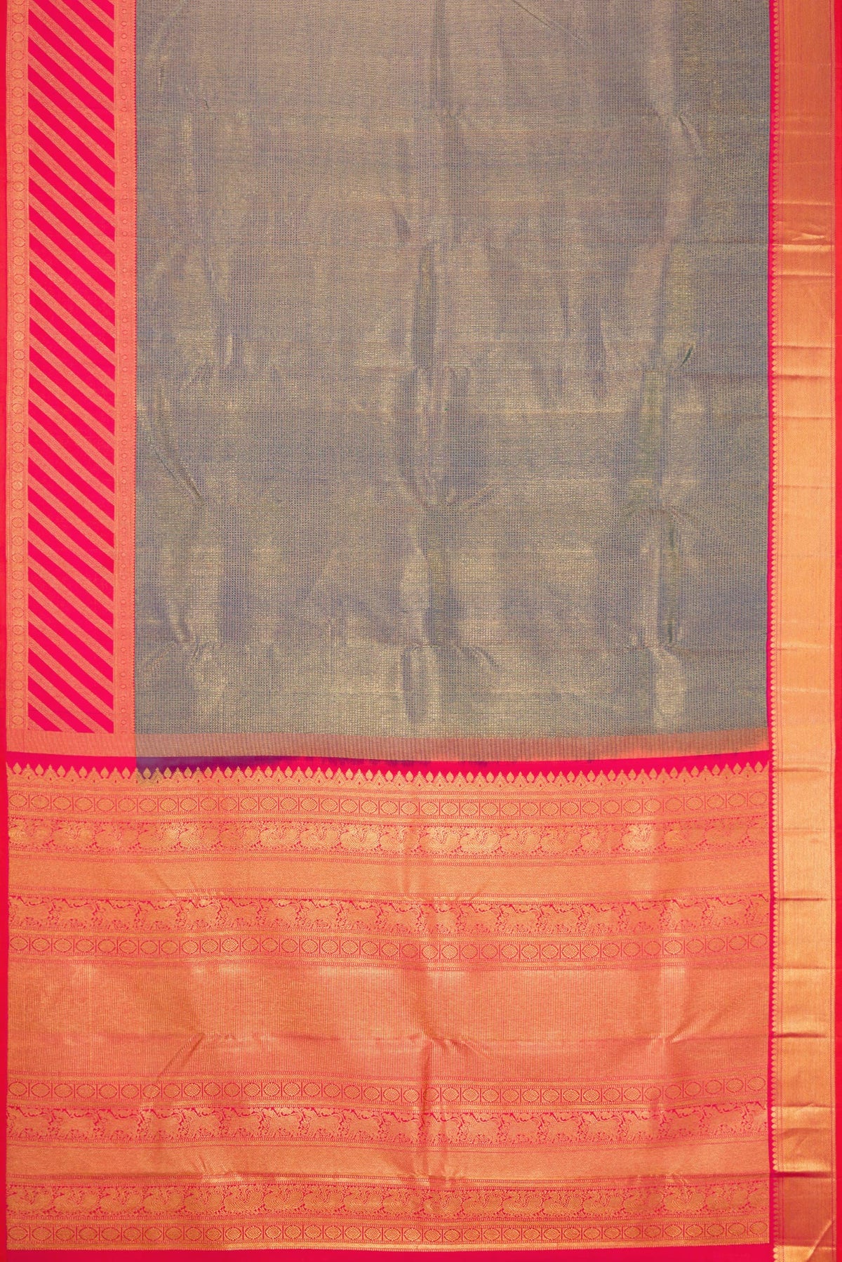Flat view of Peacock Blue Dual Tone Kanjivaram Silk Saree with Zari Brocade on the body and Fancy Border. 