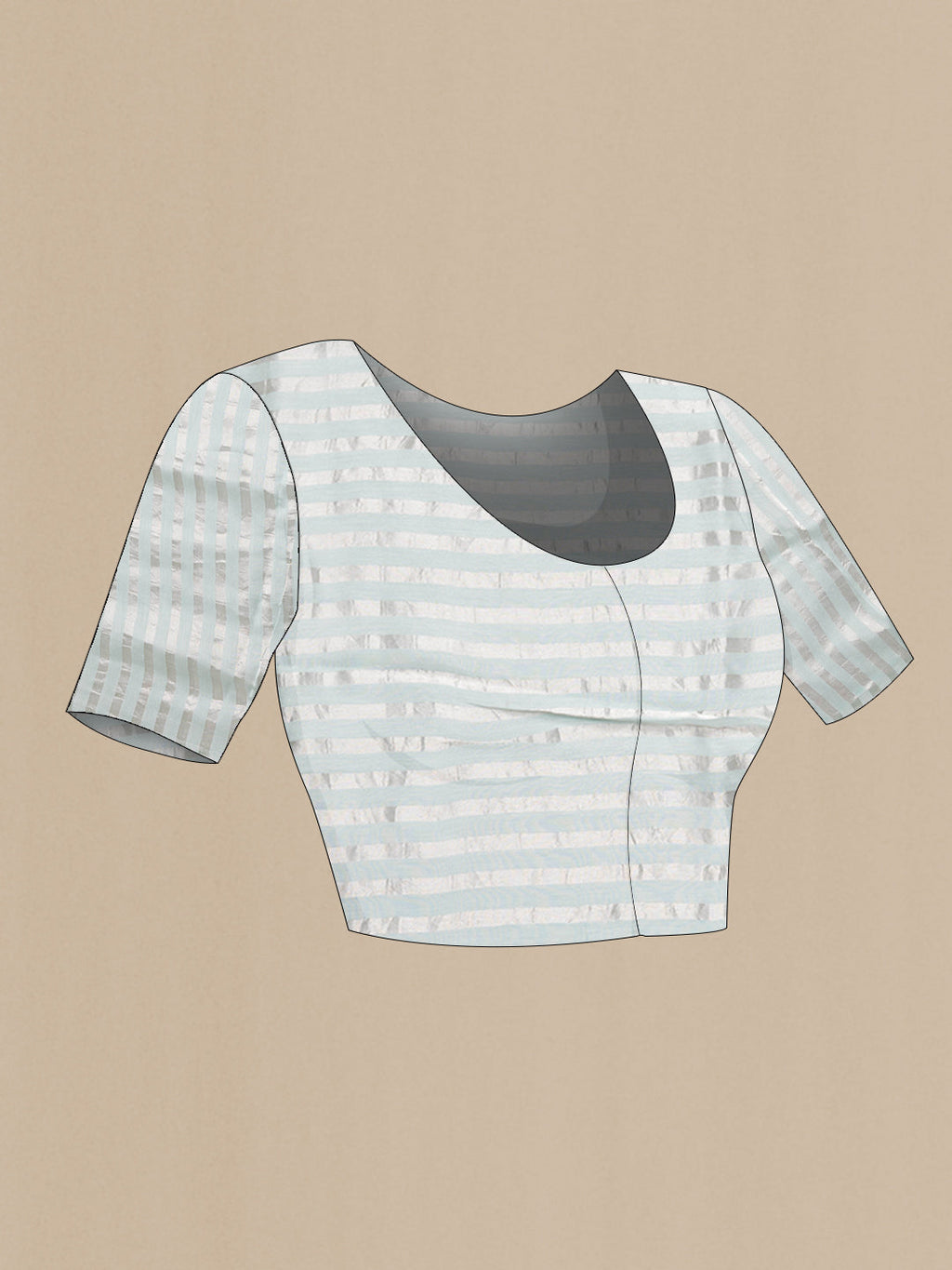 Close up image of the blouse of Sky Blue Dual Tone Organza Silk Saree with Stripes on the body and Fancy Border. 
