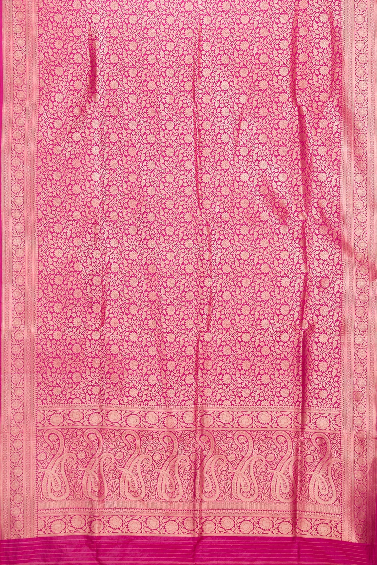 Flat view of Dark Pink Dual Tone Banarasi Silk Saree with Zari Brocade on the body and Zari Border. 