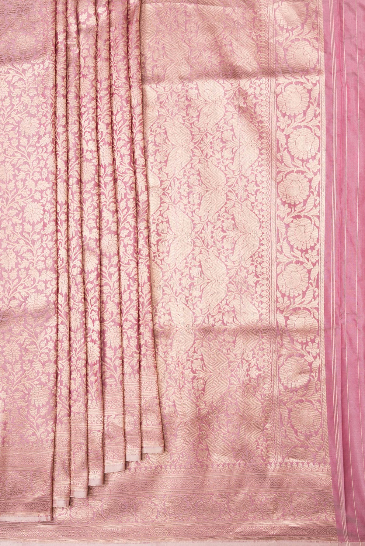 Pleats and pallu of Golden Peach Dual Tone Banarasi Silk Saree with Zari Brocade on the body and Zari Border. 
