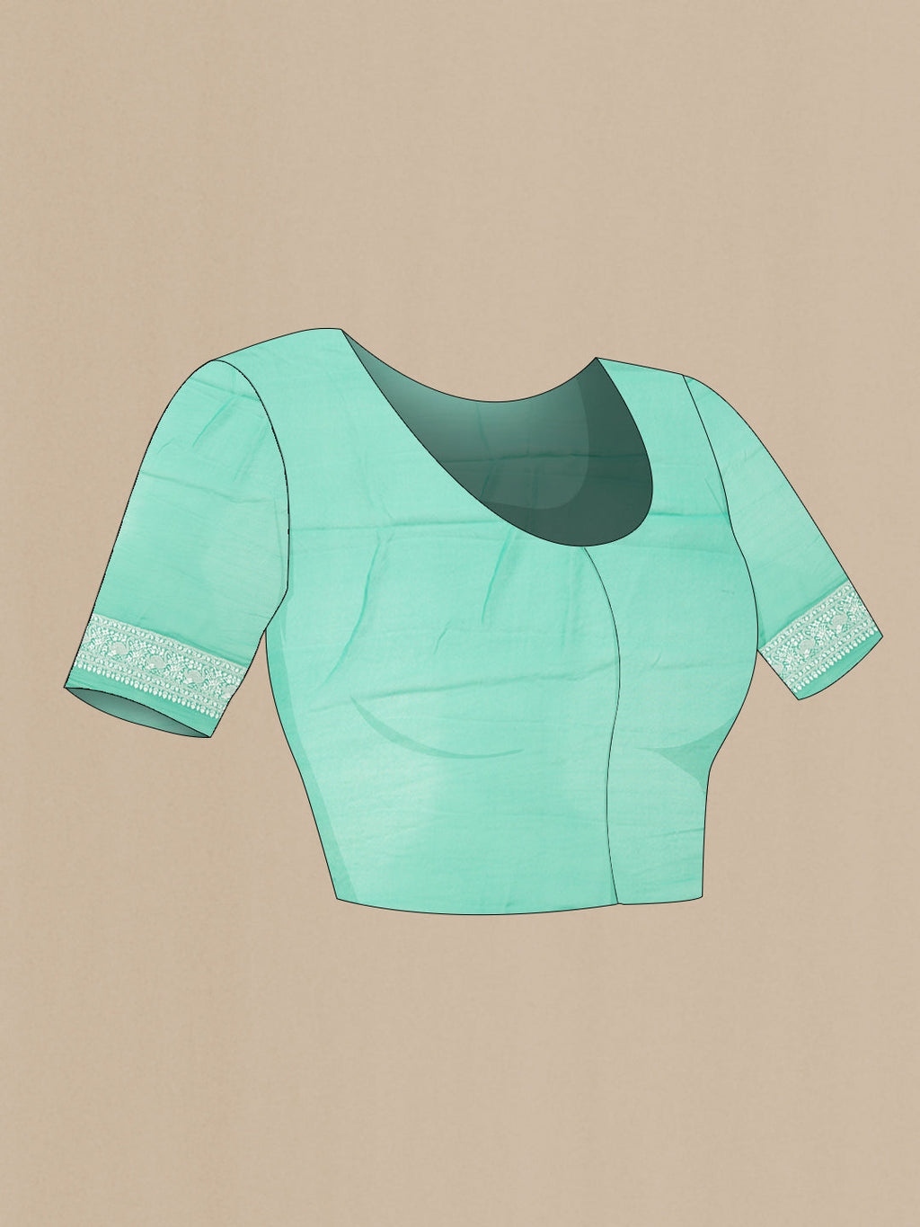 Close up image of the blouse of Sea Green Dual Tone Mysore Georgette Saree with Zari Brocade on the body and Zari Border. 