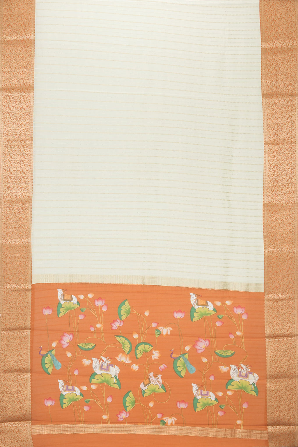 Flat view of Off White Mysore Crepe Saree with Stripes on the body and Zari Border. 