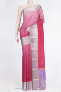 Pink Dual Tone Mysore Silk Saree with Stripes on the body and Zari Border.  displayed on a mannequin
