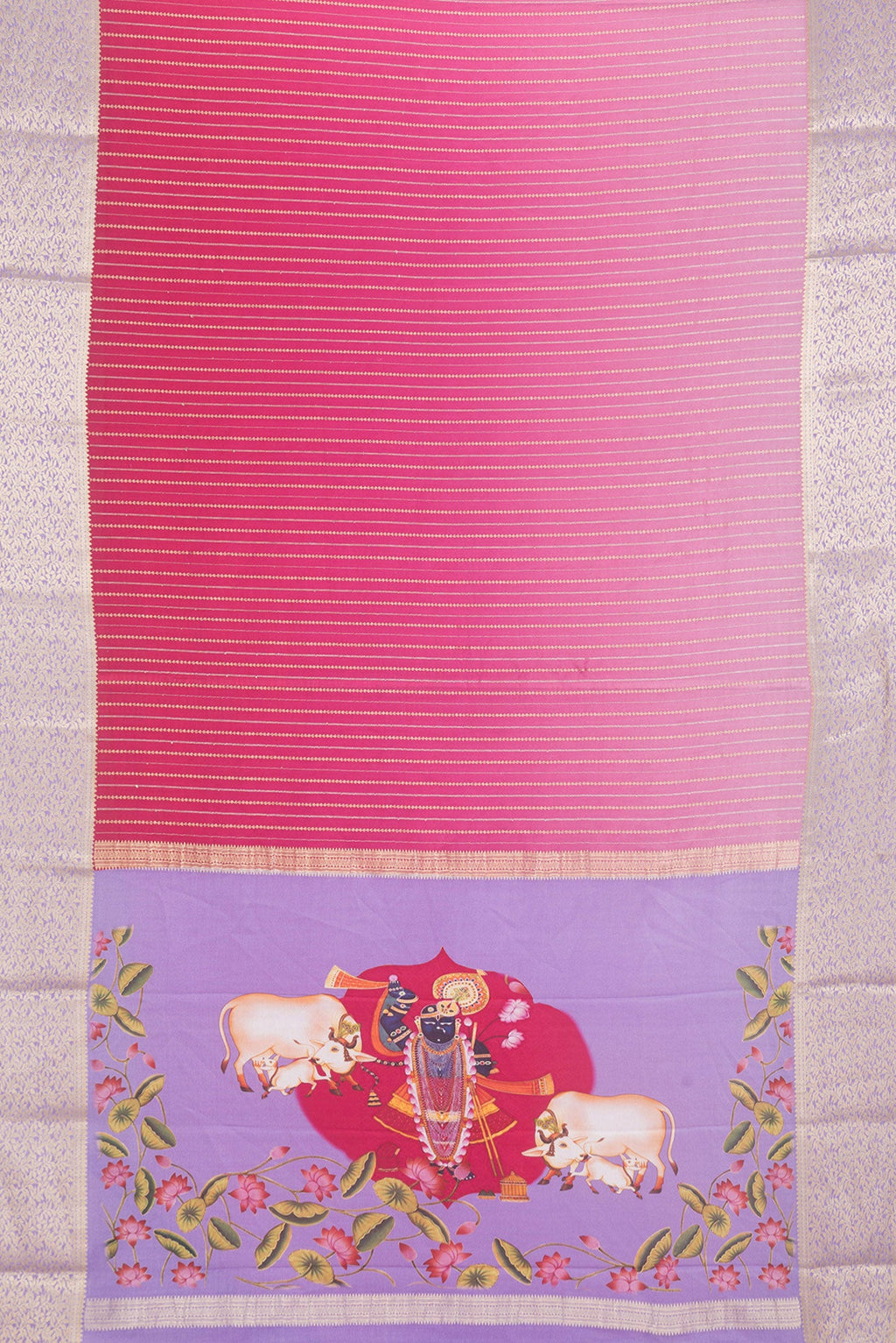 Flat view of Pink Dual Tone Mysore Silk Saree with Stripes on the body and Zari Border. 