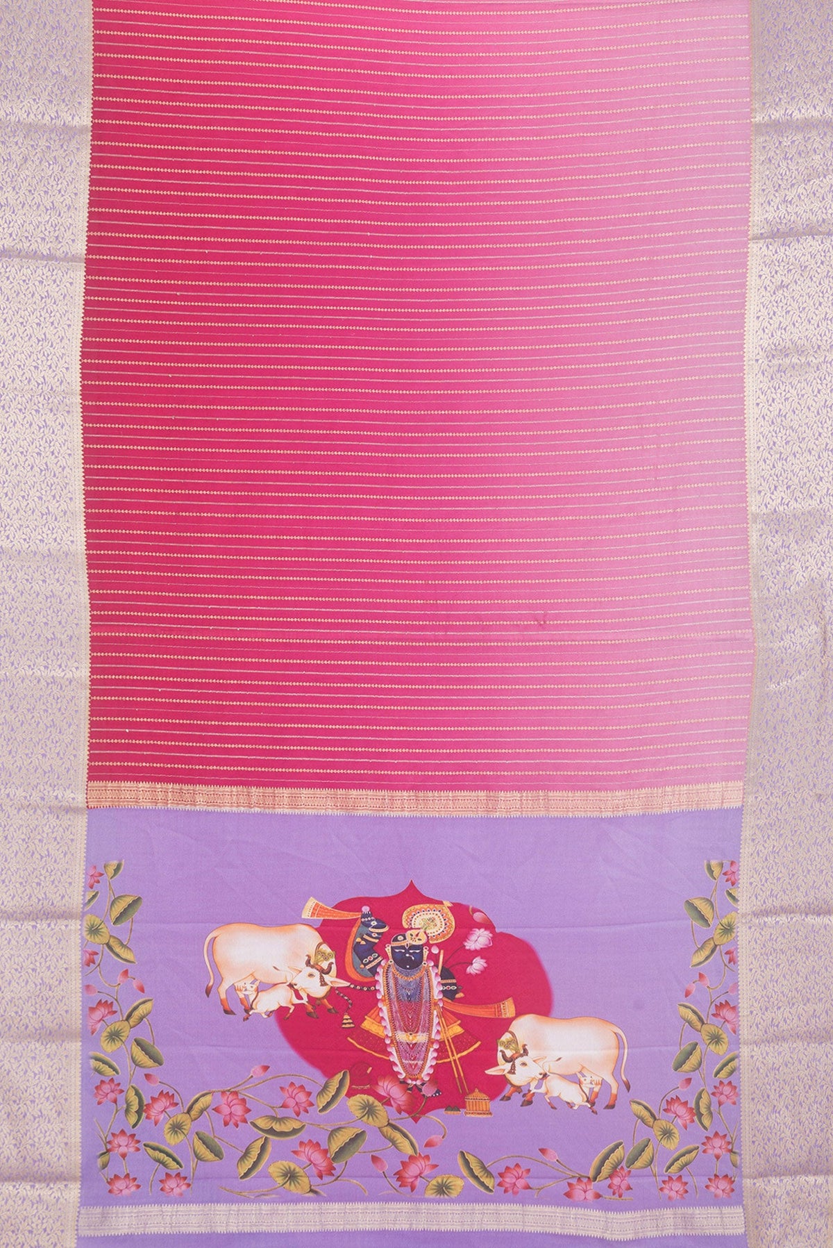 Flat view of Pink Dual Tone Mysore Silk Saree with Stripes on the body and Zari Border. 
